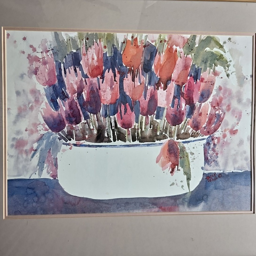 Helen Paul Framed Watercolor Print Tulip Floral Arrangement 22x26 Signed Print - Picture 4 of 7